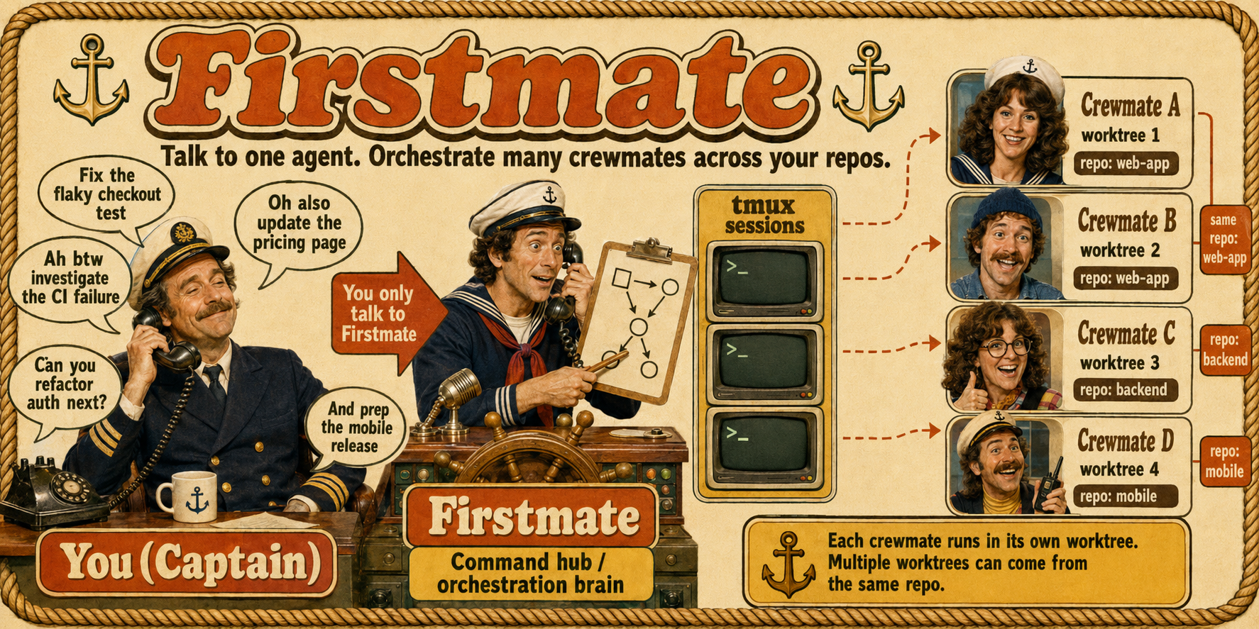 You talk to firstmate. It runs a crew of agents.